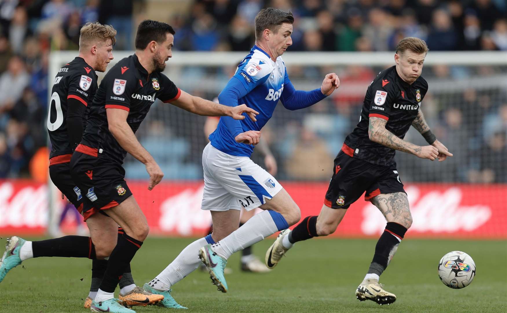 Oli Hawkins on the attack for Gillingham against Wrexham Picture: @Julian_KPI