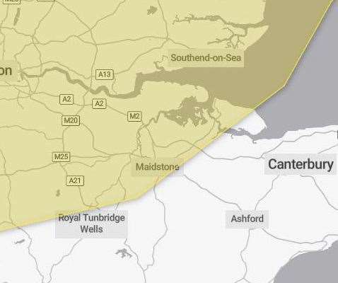 A yellow weather warning has been extended to parts of Kent. Photo: The Met Office