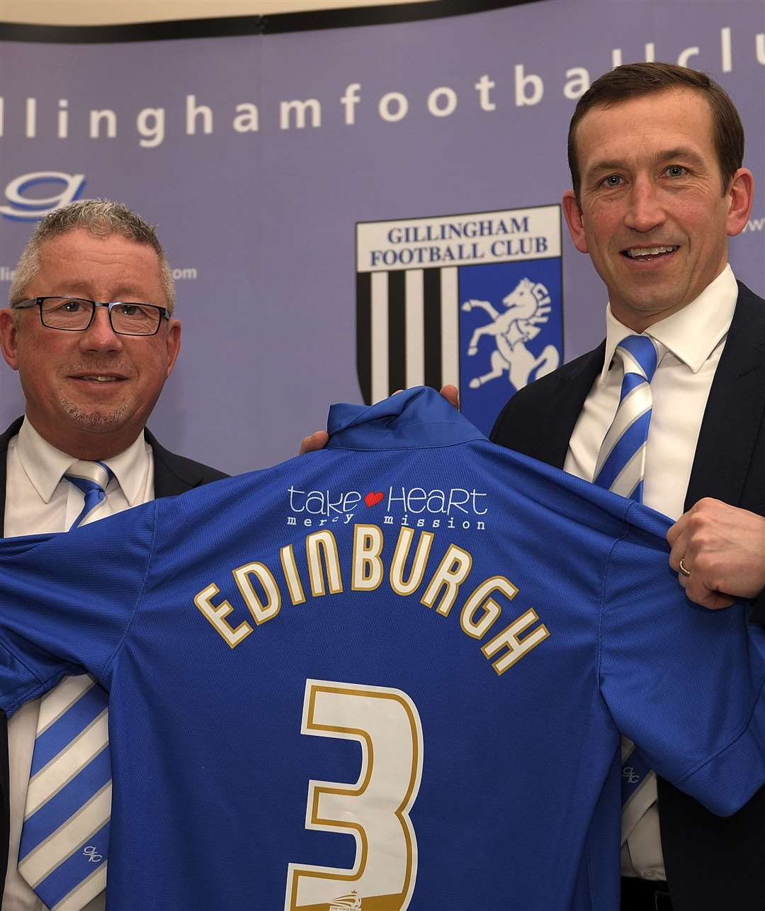 Chairman Paul Scally unveils Justin Edinburgh as Gillingham manager at Priestfield in February 2015. Picture: Barry Goodwin