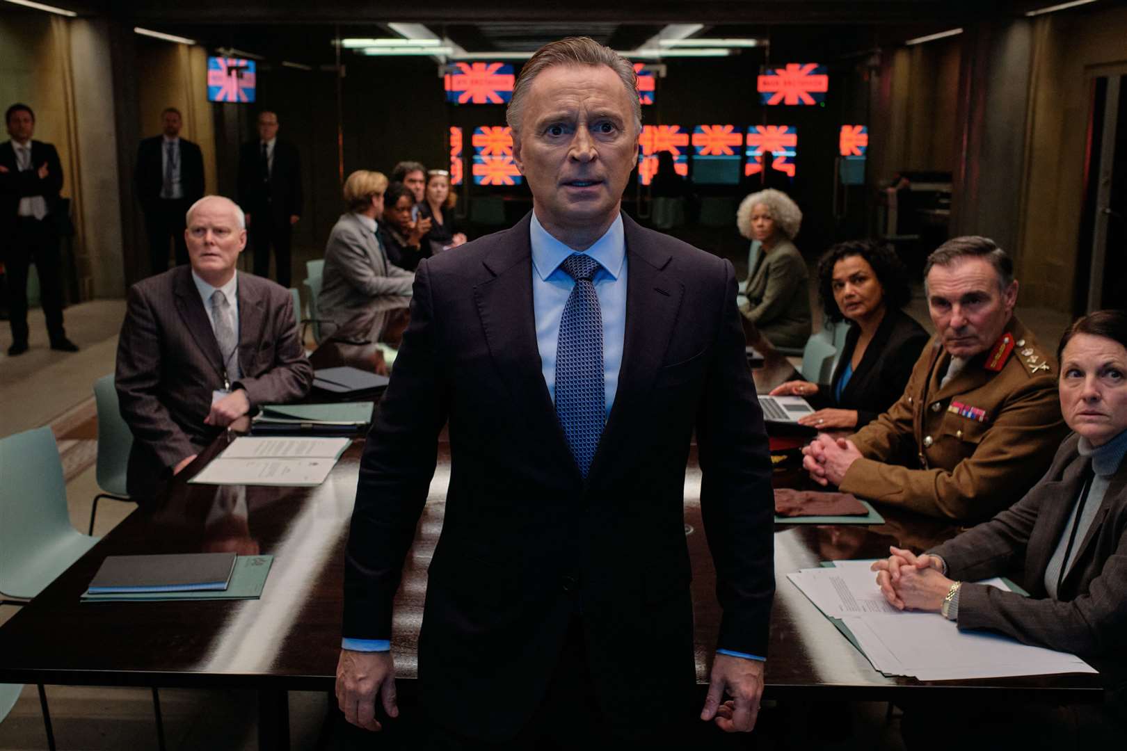 Robert Carlyle returns to Number 10 as prime minister to tackle another drama in Cobra: Cyberwar on Sky Max. Photo: Sky