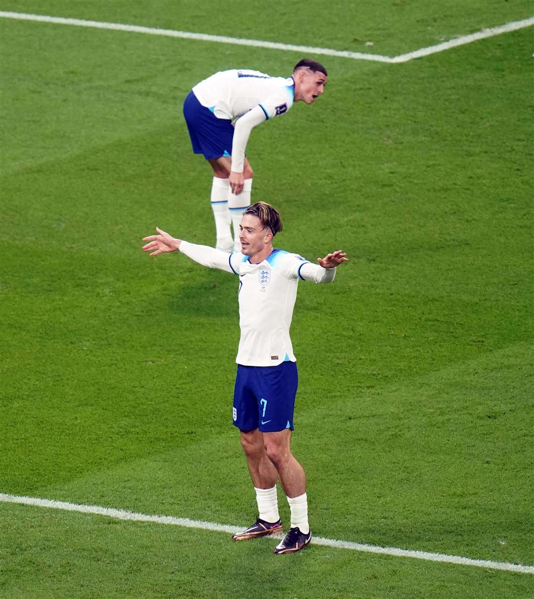 England’s Jack Grealish celebrates by doing the ‘worm’ with his arms at the Khalifa International Stadium, Doha (Adam Davy/PA).