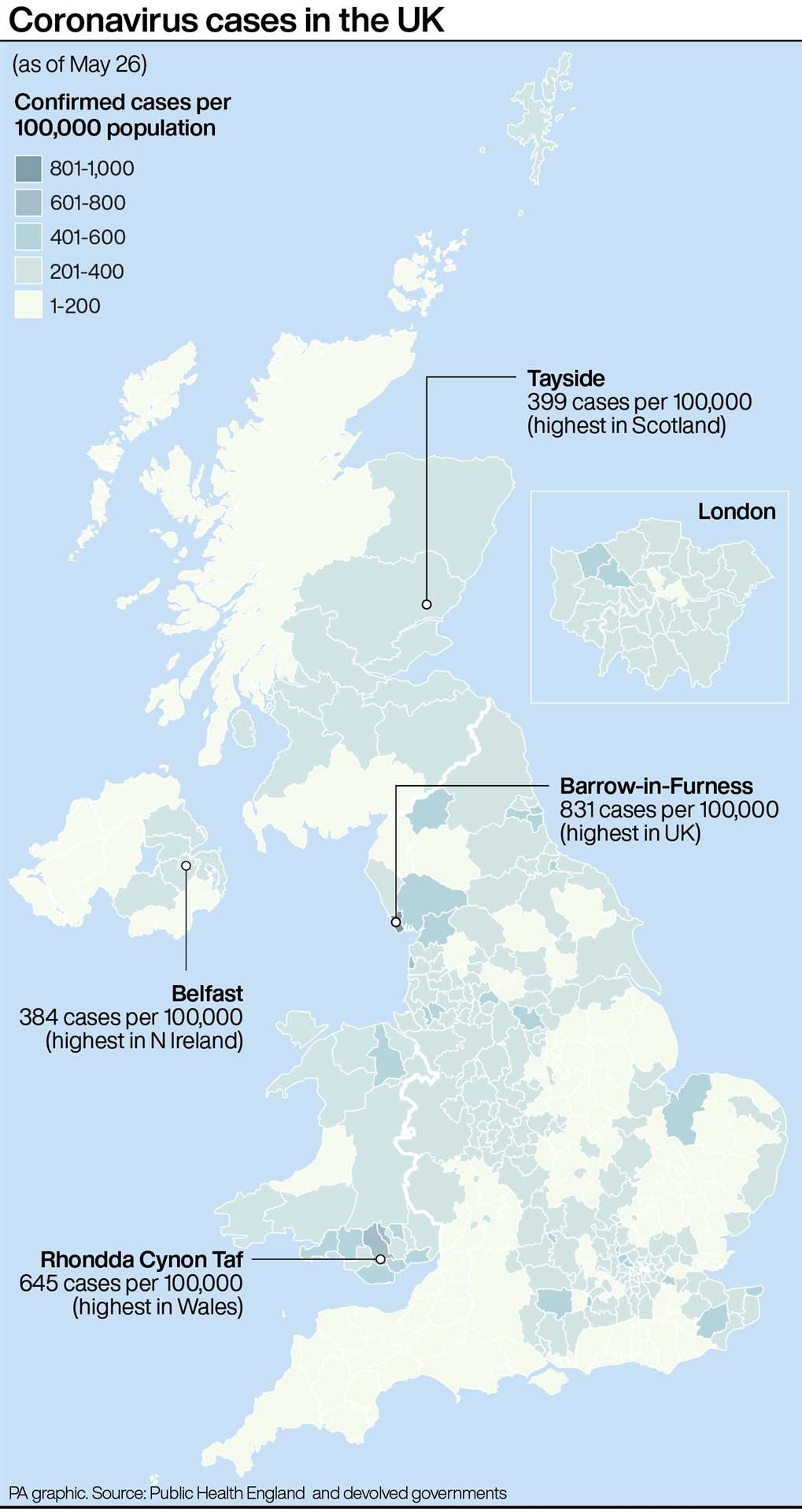 Coronavirus cases in the UK (PA Graphics)