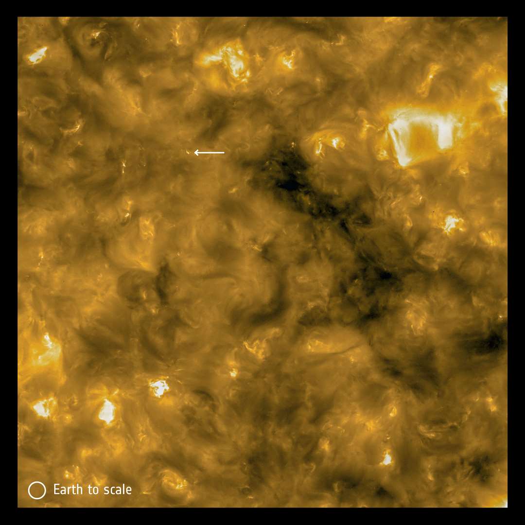 The arrow points to a campfire, many of which are dotted across the Sun’s surface (Solar Orbiter/EUI Team/ESA/Nasa)