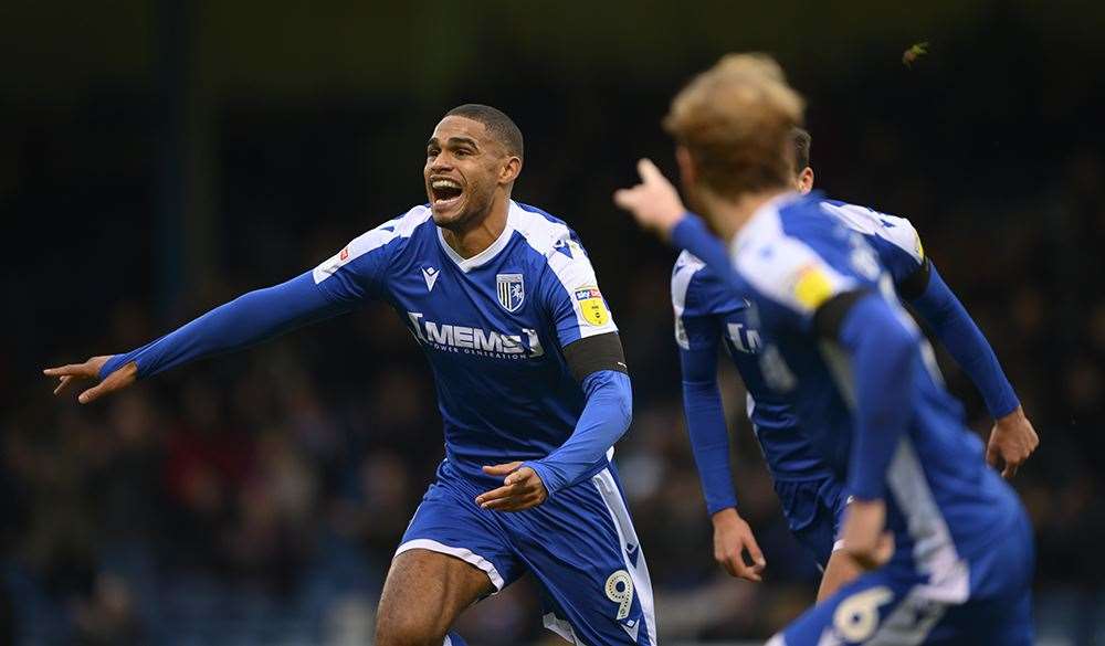 Gillingham celebrate Mikael Mandron's goal Picture: Ady Kerry (21787952)