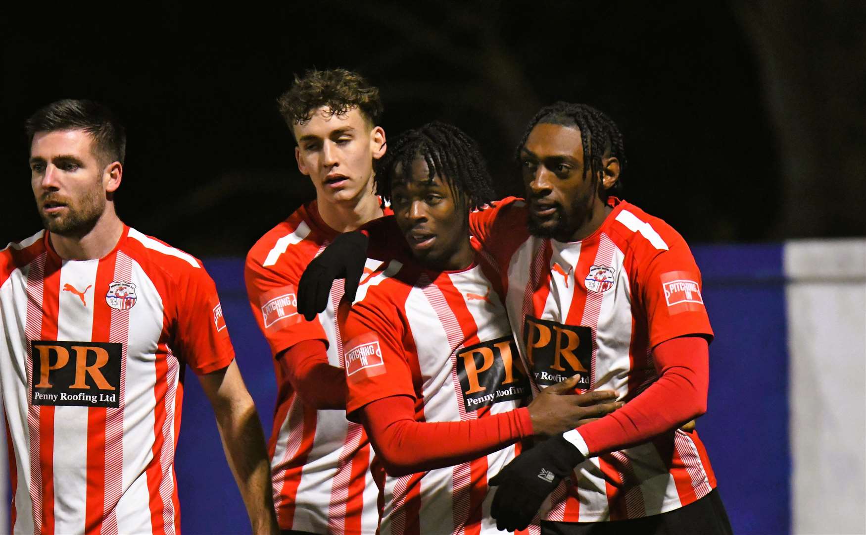 Sheppey players celebrate with hat-trick hero Gil Carvalho in last Tuesday’s 4-2 Velocity Cup victory at Margate. Picture: Marc Richards