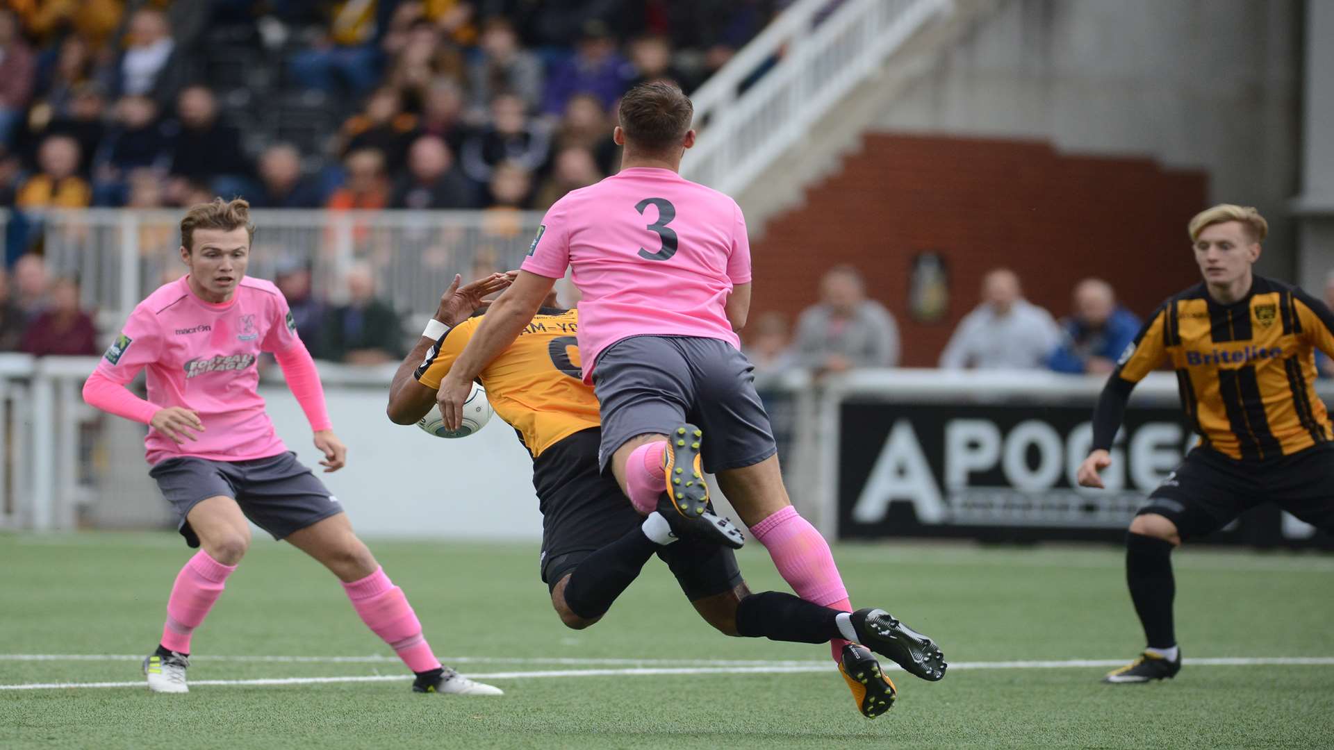 Delano Sam-Yorke is sent flying after just two minutes and it's a penalty to Stones Picture: Gary Browne