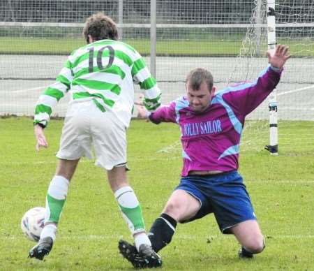 Bay Wanderers, hooped shirts, take on New Inn Rangers in the Challenge Cup