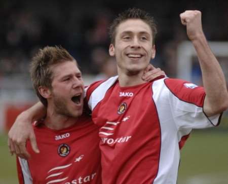 Penalty hero Chris McPhee (right) celebrates his second goal with Stacy Long. Picture: MATTHEW READING