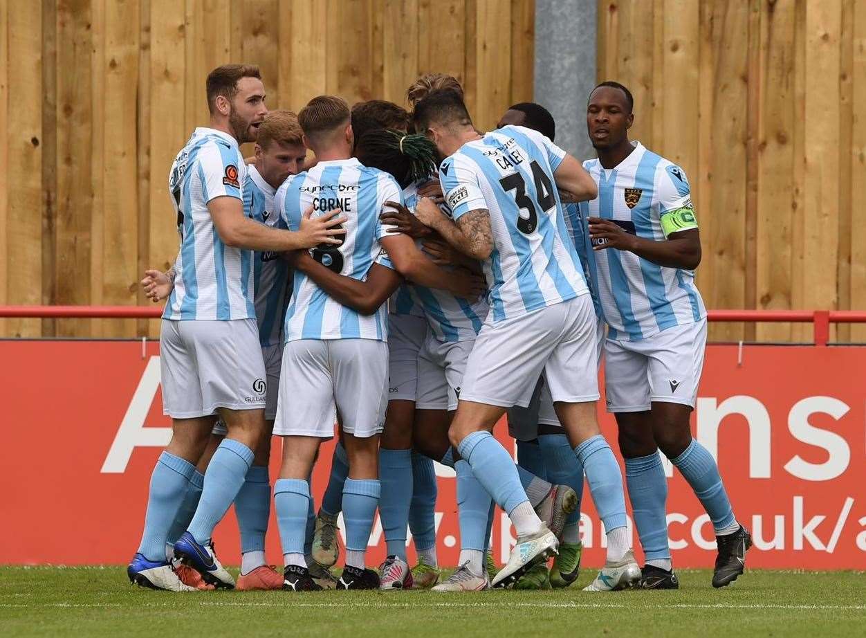 Maidstone celebrate the opening goal at Altrincham Picture: Steve Terrell