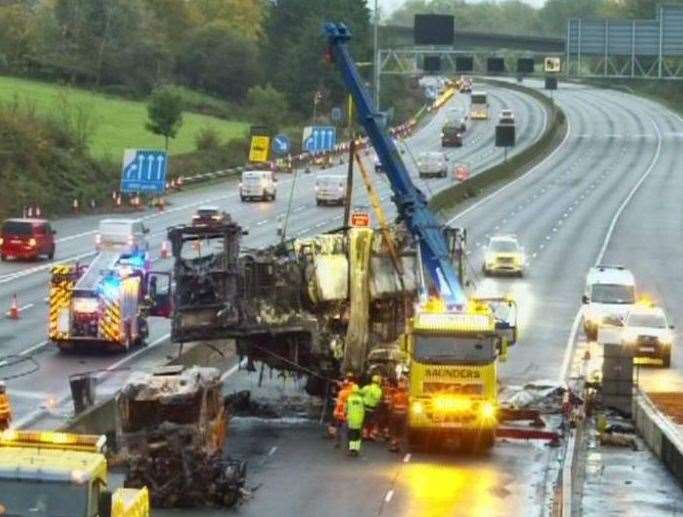 A Tesco HGV caught on fire on the M25 near Sevenoaks. Picture: National Highways