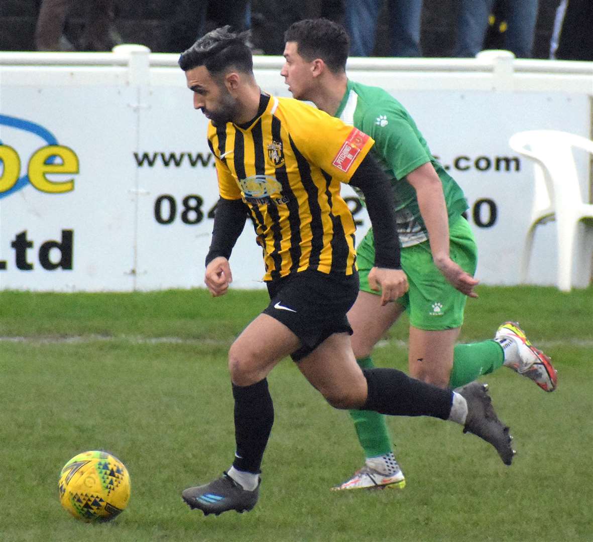 Kieron McCann on the ball in Folkestone's 3-0 win over Leatherhead in Isthmian Premier on Monday. Picture: Randolph File