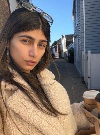 Mia Khalifa enjoying a coffee in Whitsable. Picture: miakhalifa/Instagram