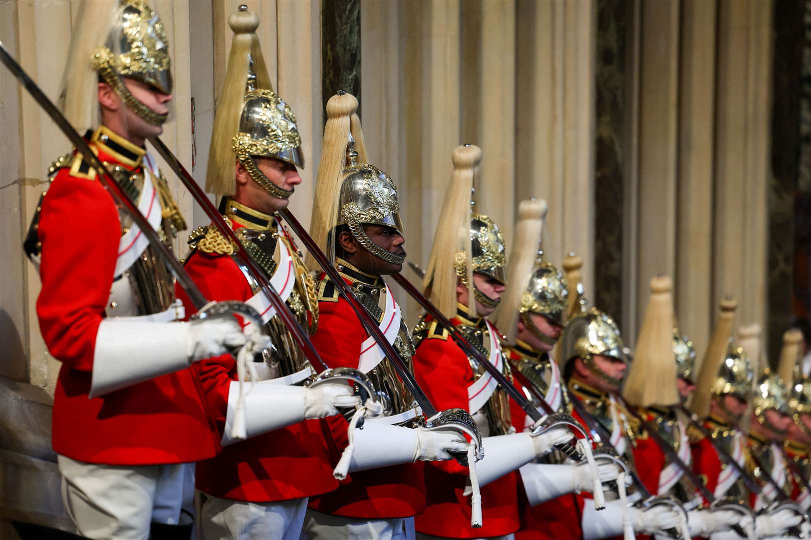 Members of the Household Cavalry at the Norman Porch at the Palace of Westminster (Toby Melville/PA)