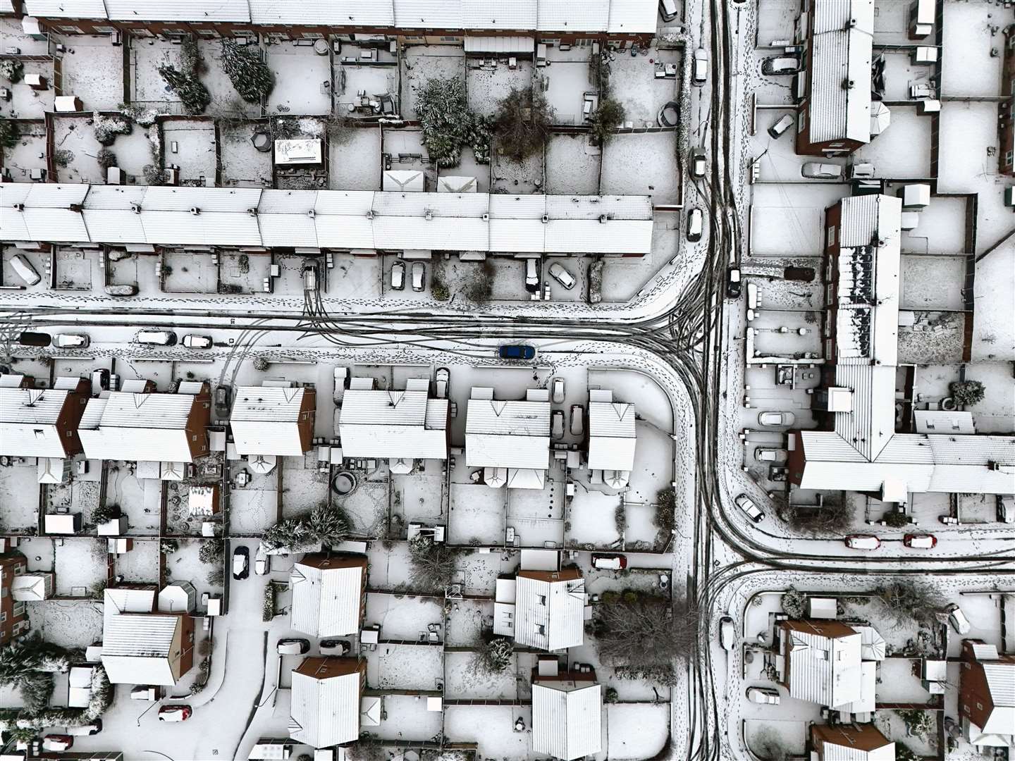 A drone captures the expanse of snow-covered roofs on Merseyside (Peter Byrne/PA)