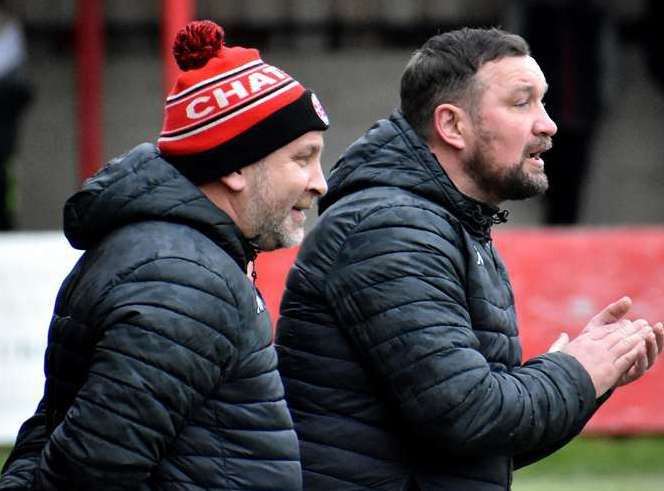 Chatham assistant Danny Kedwell on the sidelines alongside boss Kevin Hake. Picture: Randolph File