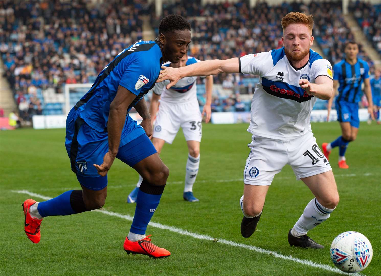 Brandon Hanlan looks to go past Callum Camps close to the goal line Picture: Ady Kerry