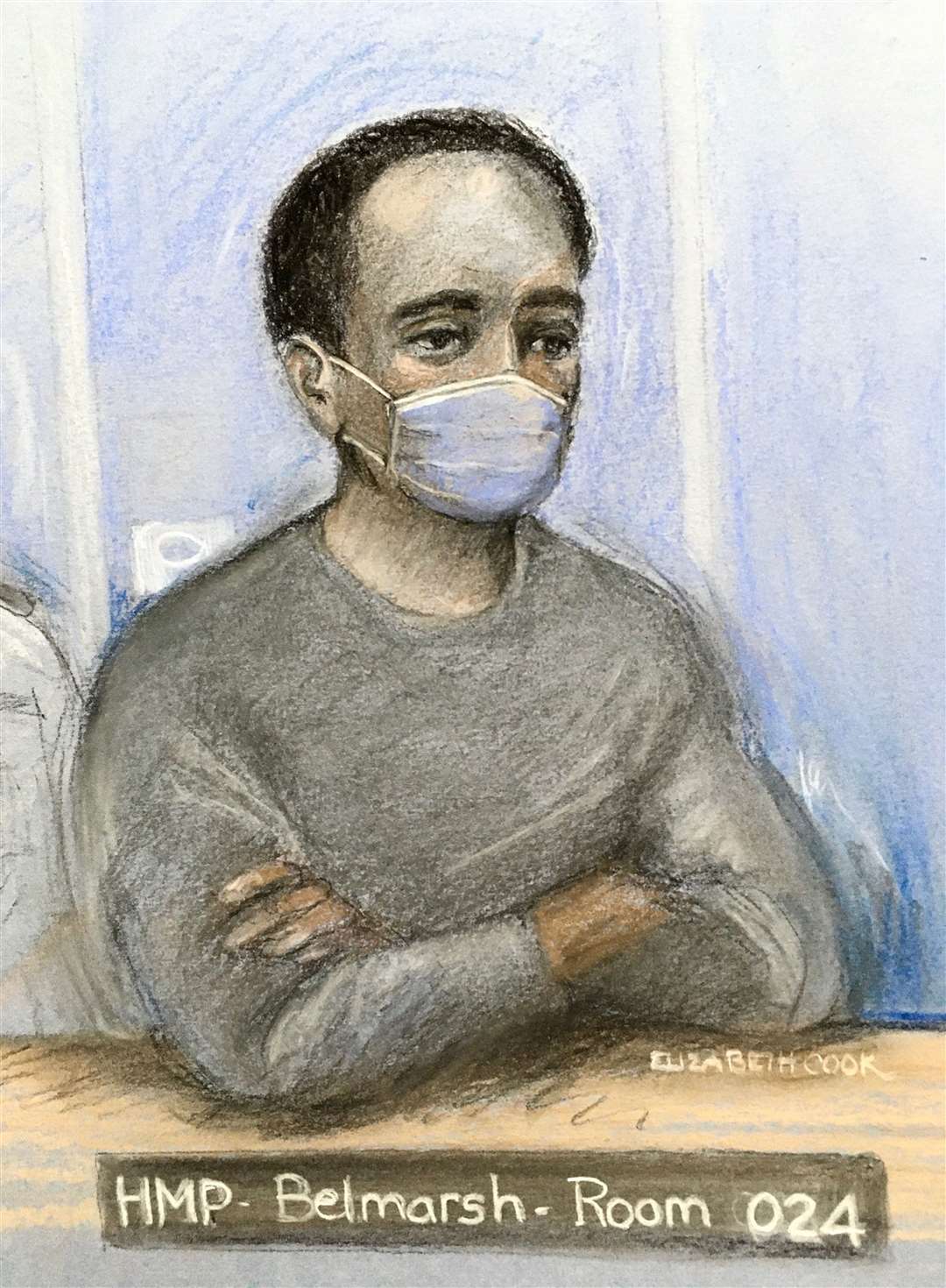 Court artist sketch of Ali Harbi Ali during a previous appearance at the Old Bailey via video-link from Belmarsh Prison (Elizabeth Cook/PA)