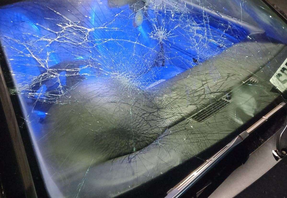 Smashed windscreen on a car stopped by police on the A2 at Cobham. Picture: Kent Police/Twitter