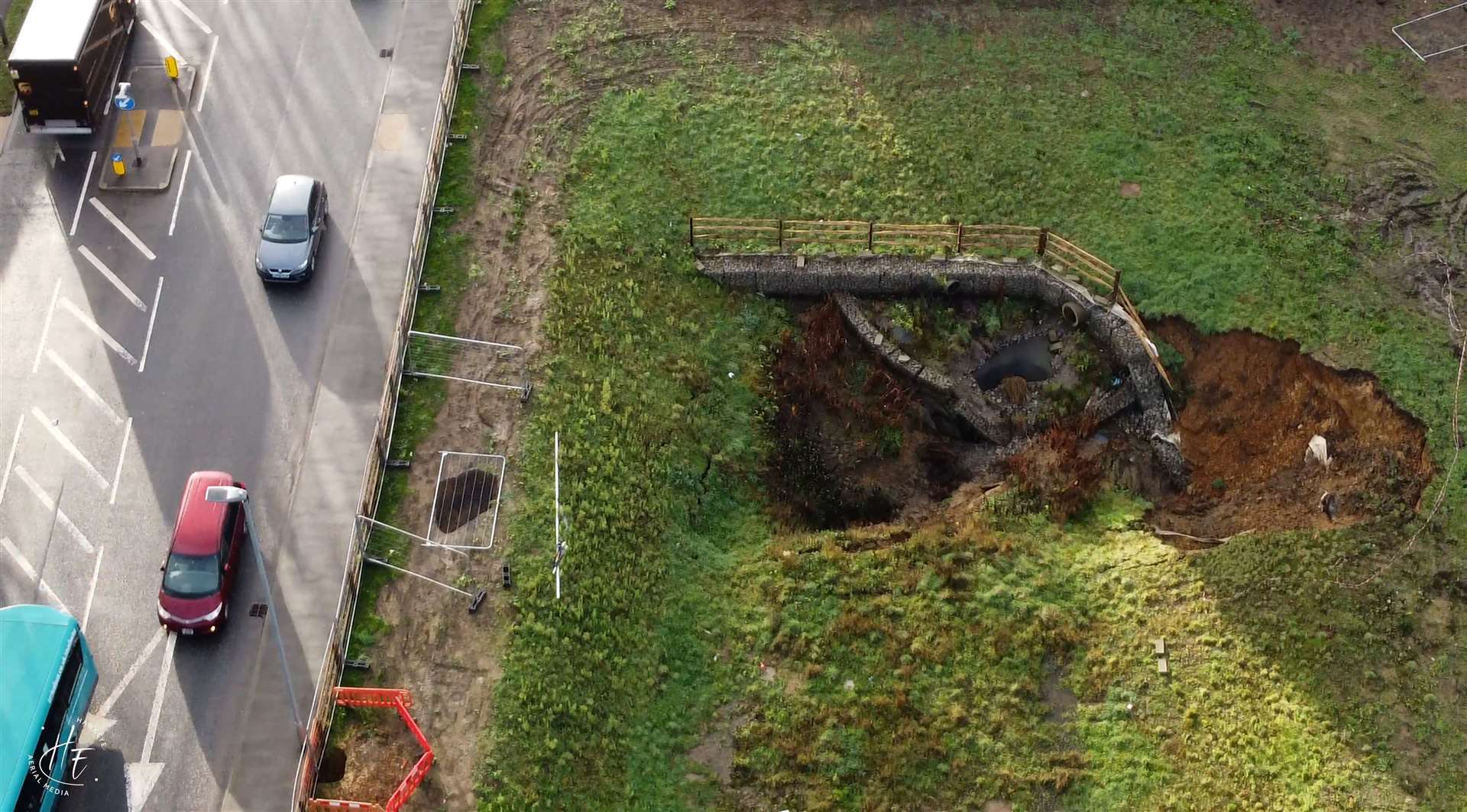 A sinkhole which appeared yards from Hermitage Lane. Picture: HawkEye Aerial Media