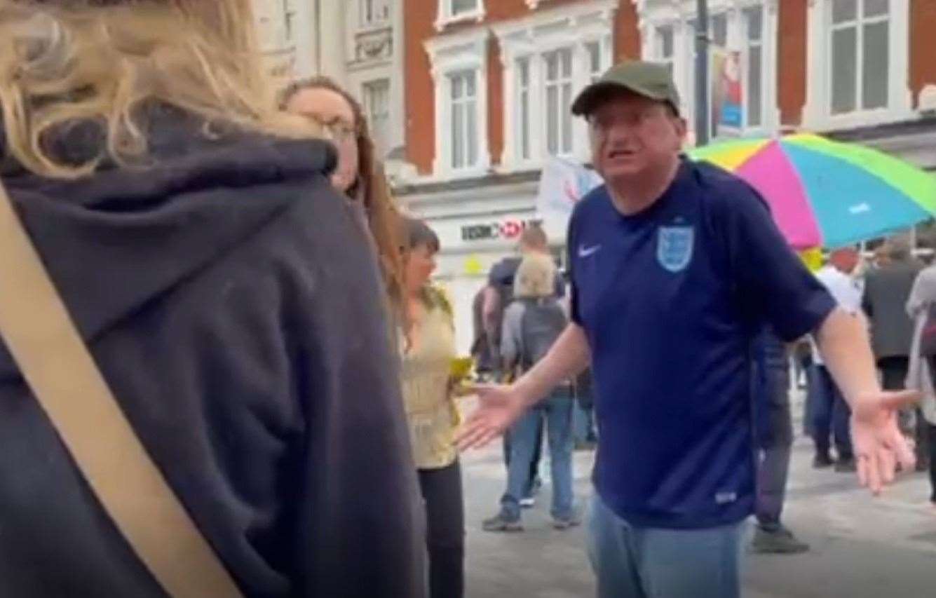 The activist animatedly lets his feelings be known in Maidstone. Picture: Louis Hayward (48856071)