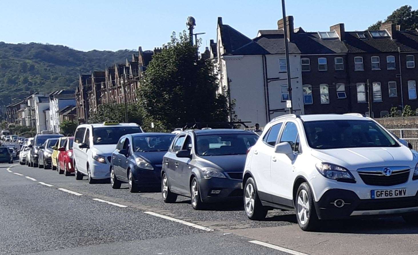 A queue forming at Folkestone Road, Dover, to get to a BP service station