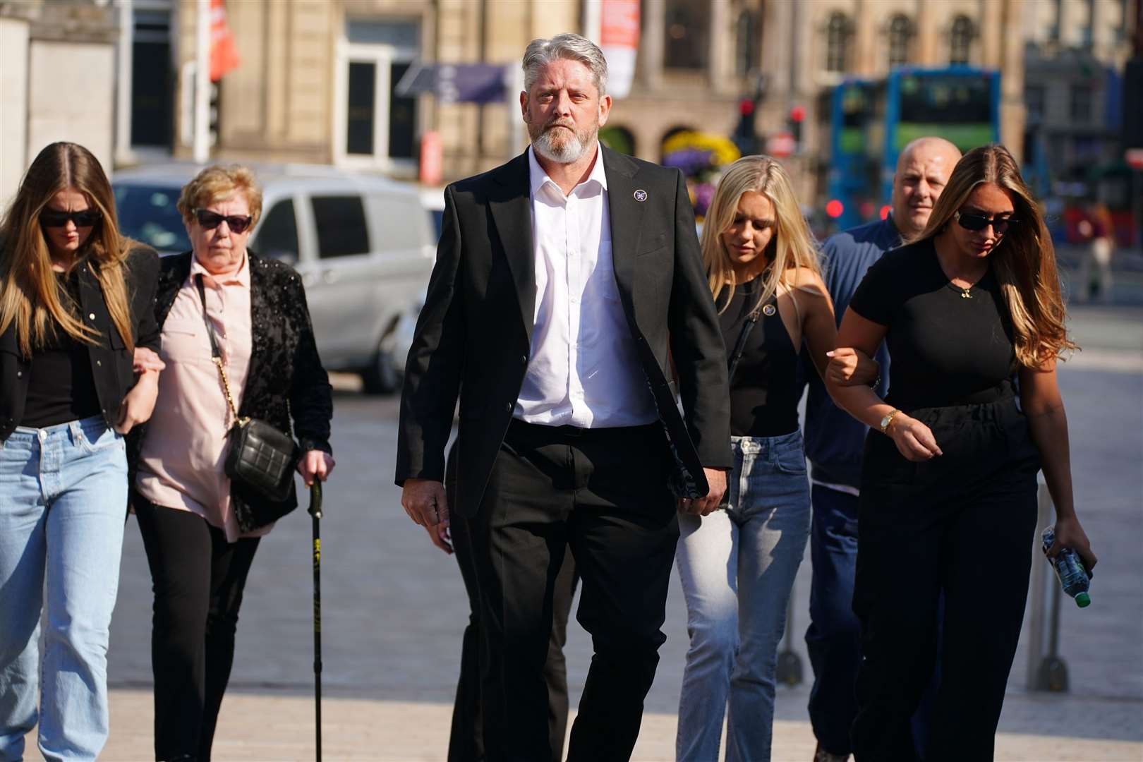 The father of Elle Edwards, Tim Edwards, arrives with family members at the Queen Elizabeth II Law Courts in Liverpool on the first day of Connor Chapman’s trial (Peter Byrne/PA)