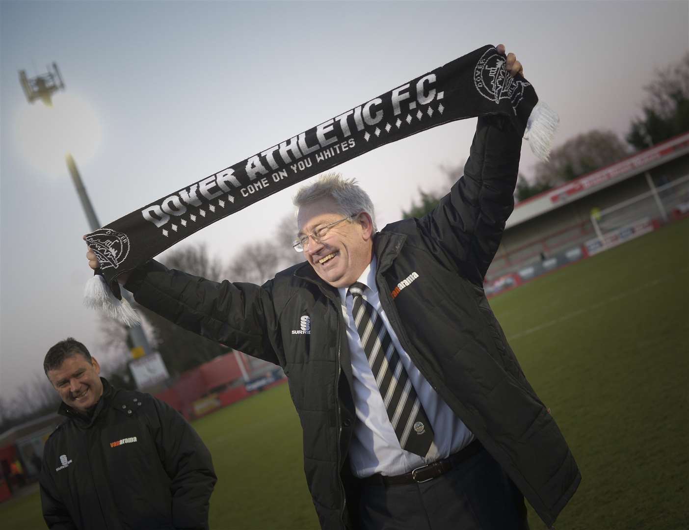 Dover manager Chris Kinnear salutes the travelling fans after the FA Cup win at Cheltenham. Picture: Ady Kerry