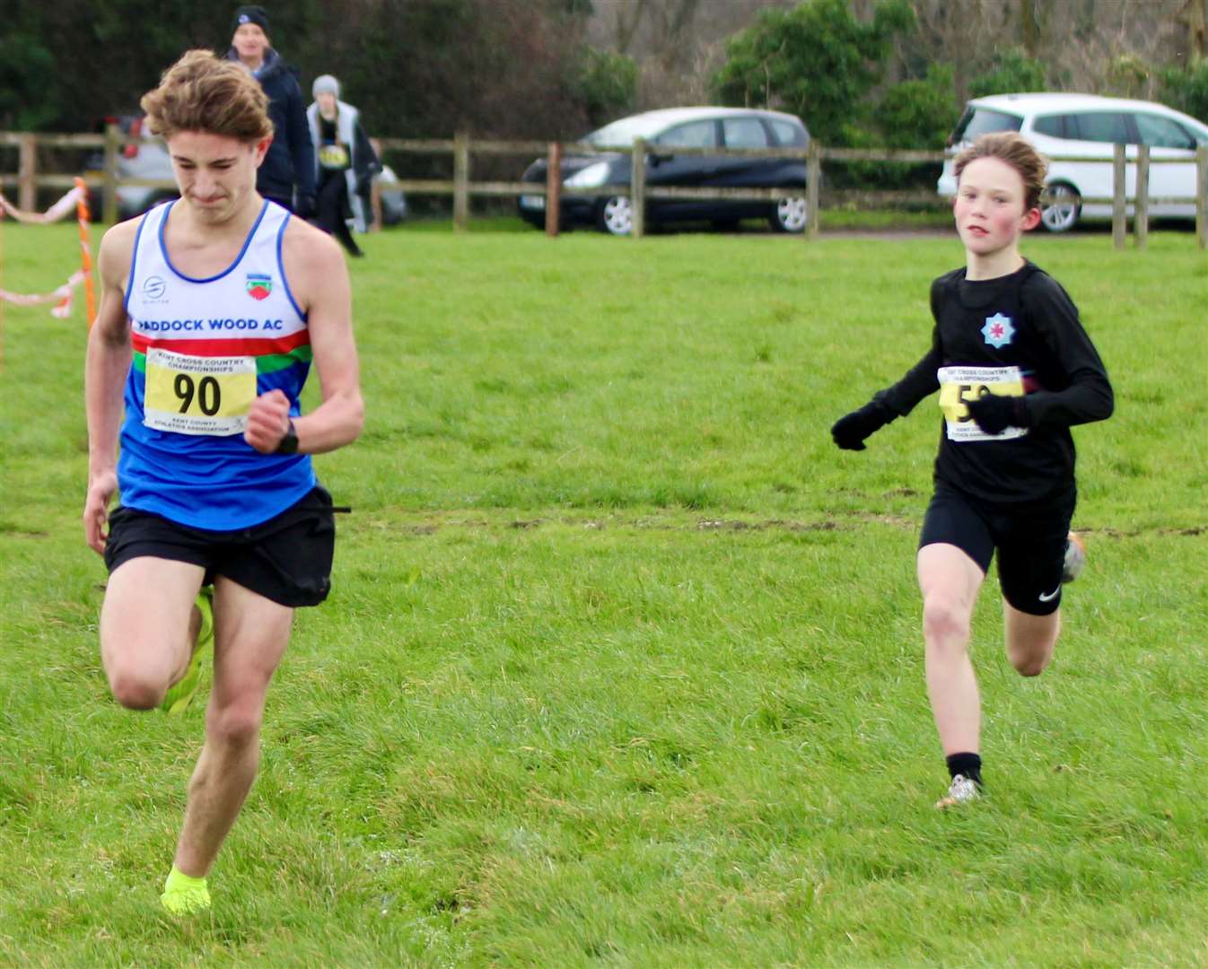 Action from the Under-13 boys' race at Brands Hatch. Paddock Wood AC's Guy Bowers, left, and Blackheath and Bromley's Emery Aldridge, right, were joint first after recording times of 10min39sec. Picture: Mark Hookway