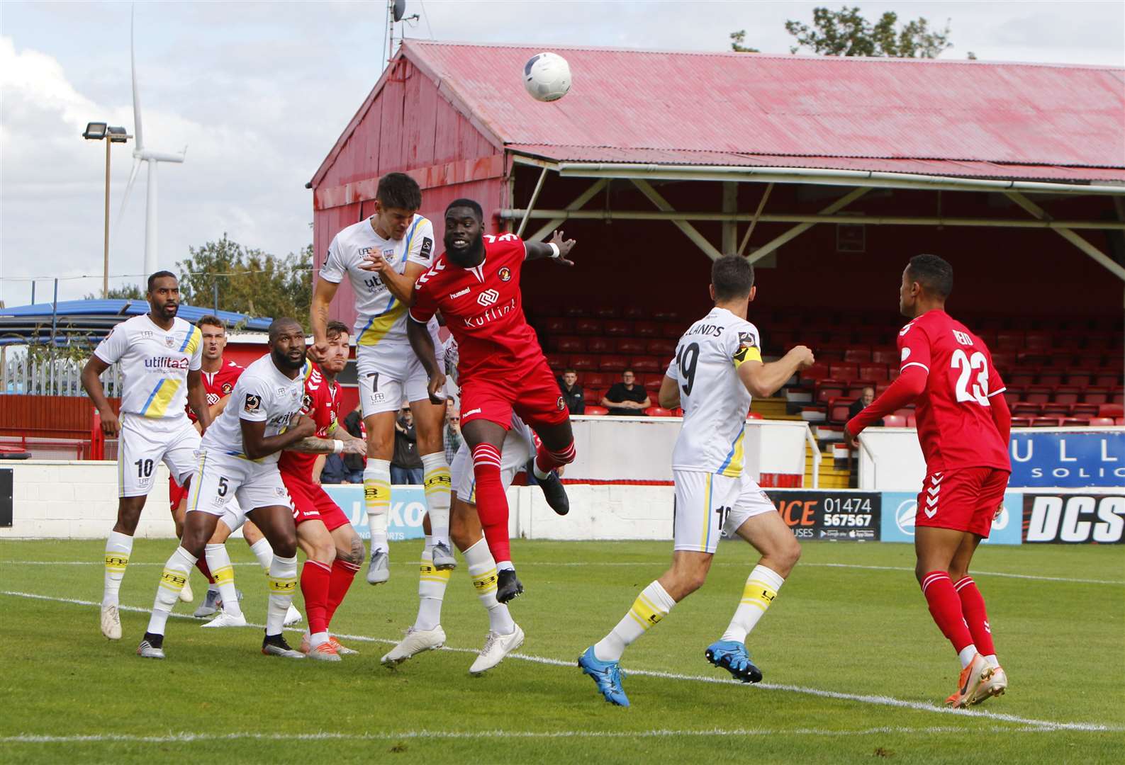 Ayo Obileye up for a header against Eastleigh Picture: Andy Jones