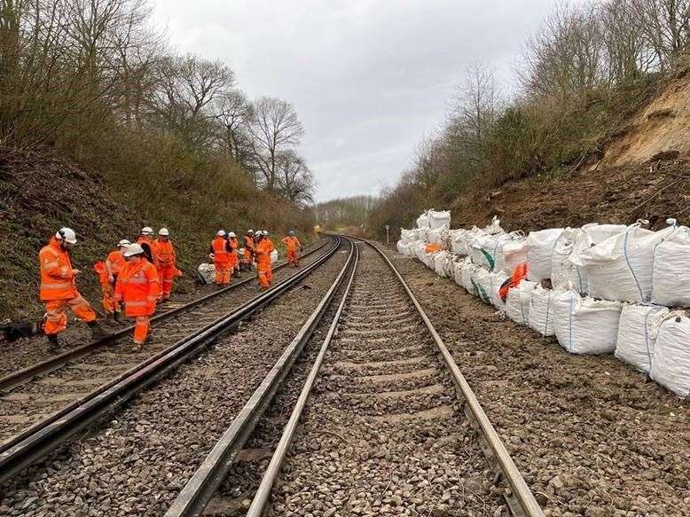 Works are still ongoing after a landslip near Newington. Picture: Southeastern (44059494)