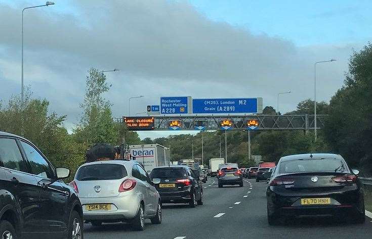 Queuing traffic on the London-bound M2 between Junction 3 for Chatham and Junction 2 for Strood