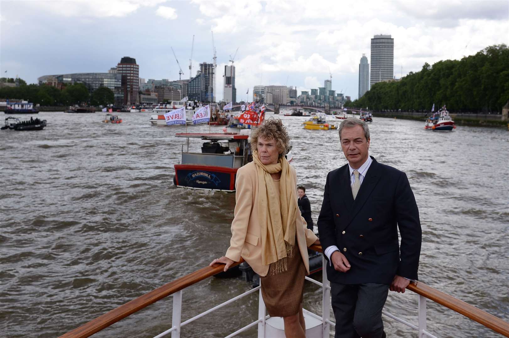 Nigel Farage and Kate Hoey on board a boat taking part in a Fishing for Leave pro-Brexit “flotilla” on the River Thames (Stefan Rousseau/PA)