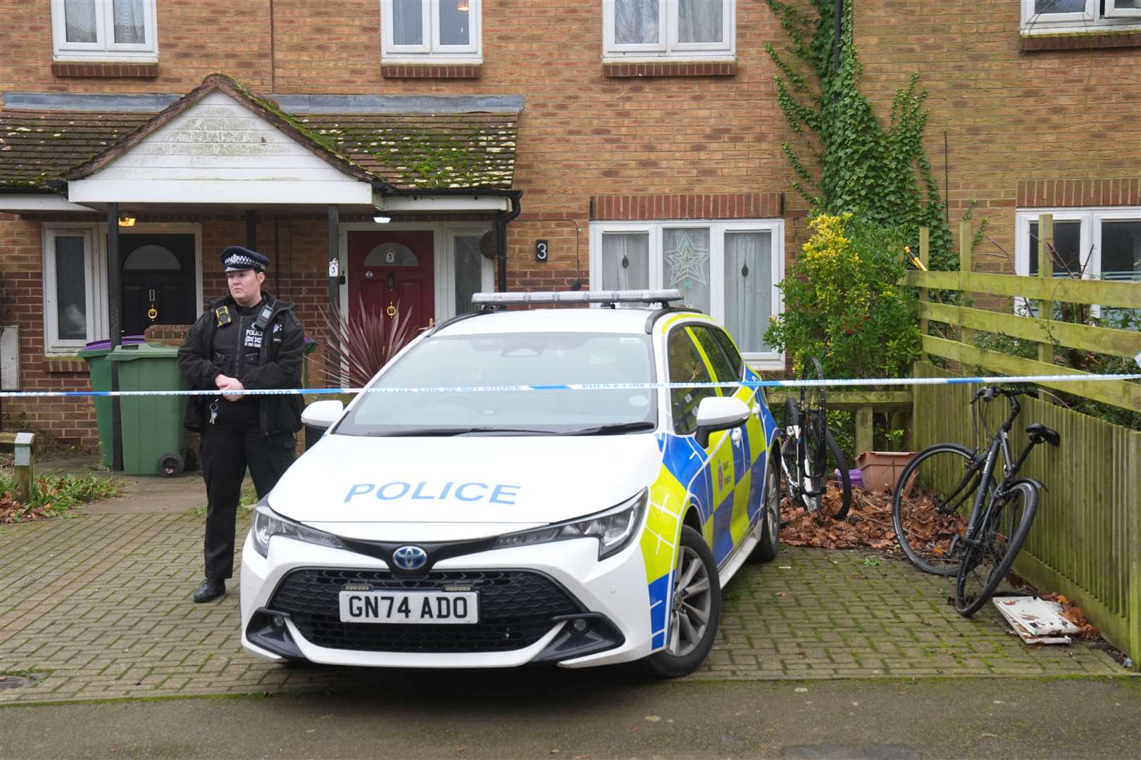 Police outside a property on Siskin Close in Hawkinge, near Folkestone, where an eight-month-old baby girl was attacked by a dog, believed to be an XL bully (Gareth Fuller/PA)