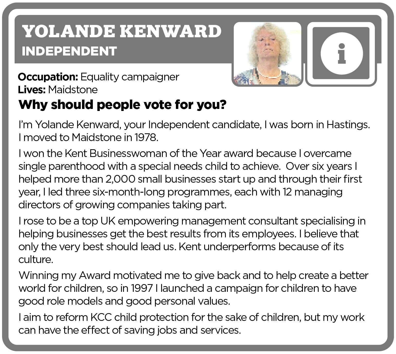 Candidate profile for Independent Yolande Kenward in Maidstone and Malling seat