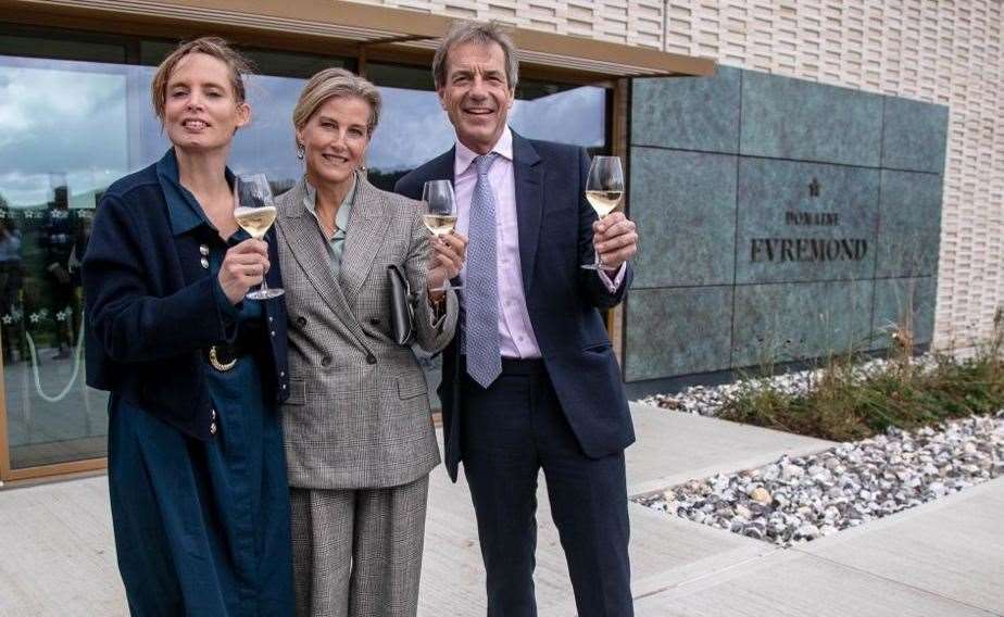 Vitalie Taittinger, Her Royal Highness The Duchess of Edinburgh and Patrick McGrath MW at the opening of the Domaine Evremond winery in Chilham. Picture: Thomas Alexander Photography