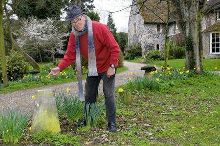 William Whelan stands with the missing stadle stones after being stolen. Salmestone Grange, Nash Road, Margate