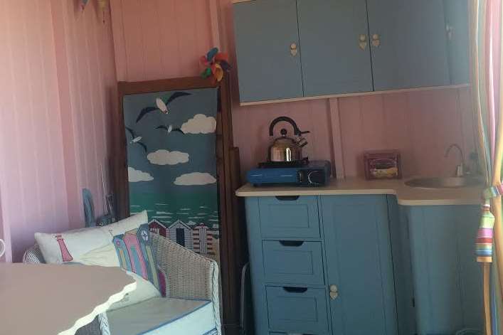 The interior of Helen's beach hut.