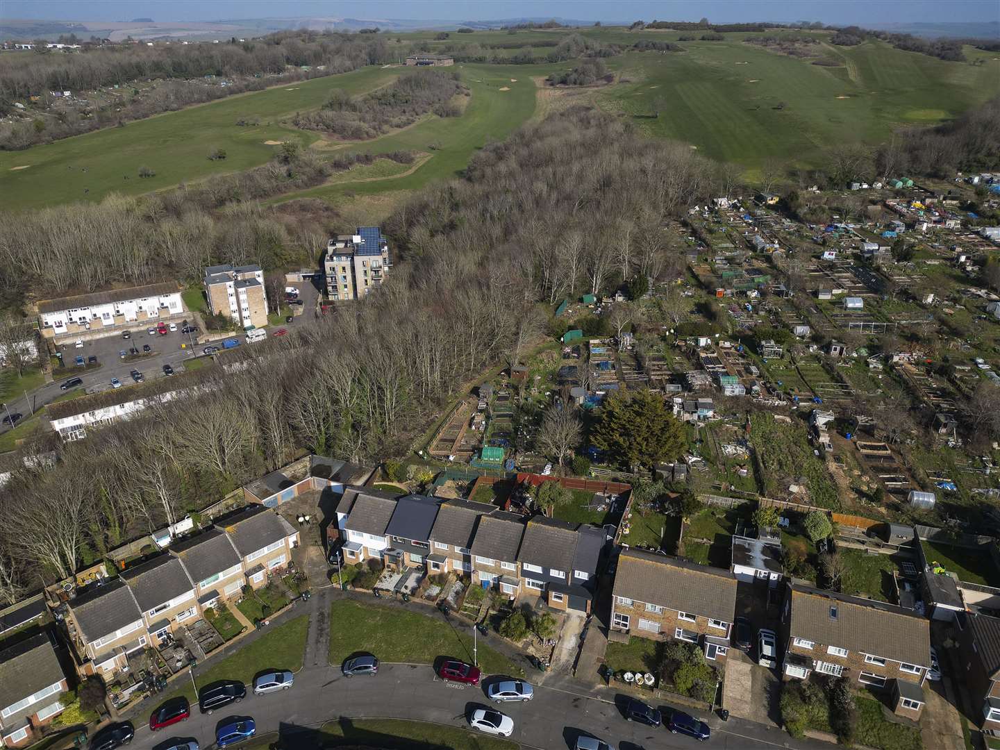 A drone view of allotments in Brighton, East Sussex, after remains were found in the search for the baby of Constance Marten and Mark Gordon (Jordan Pettitt/PA)