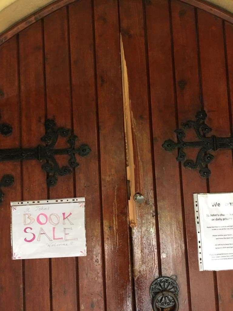 Damage to the church doors where burglars forced entry. Picture: Robert Wiseman