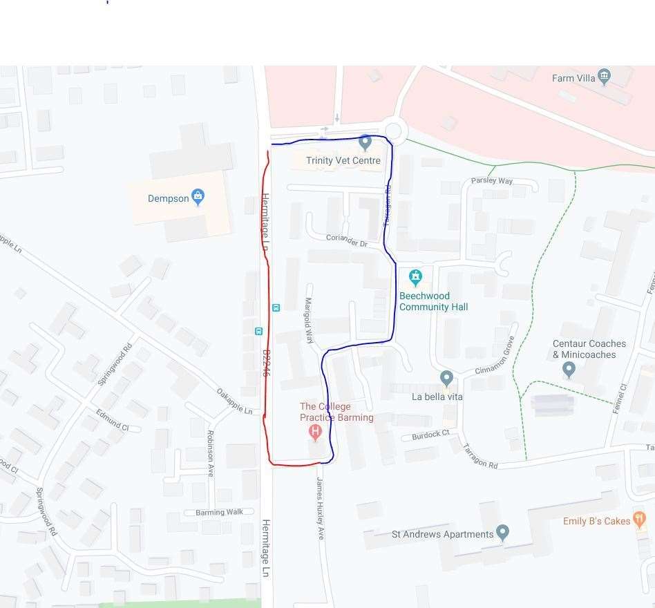 The diversion (blue) drivers will have to take due to SGN's gas works on Hermitage Lane, compared to the usual journey (red)