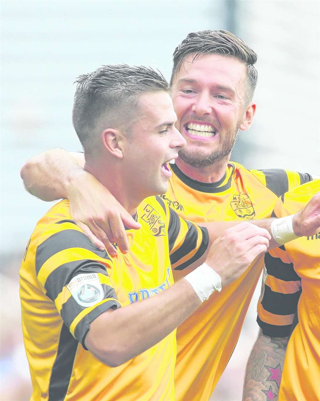 Ben Greenhalgh is congratulated by Jamie Coyle after scoring for Maidstone Picture: Andy Jones