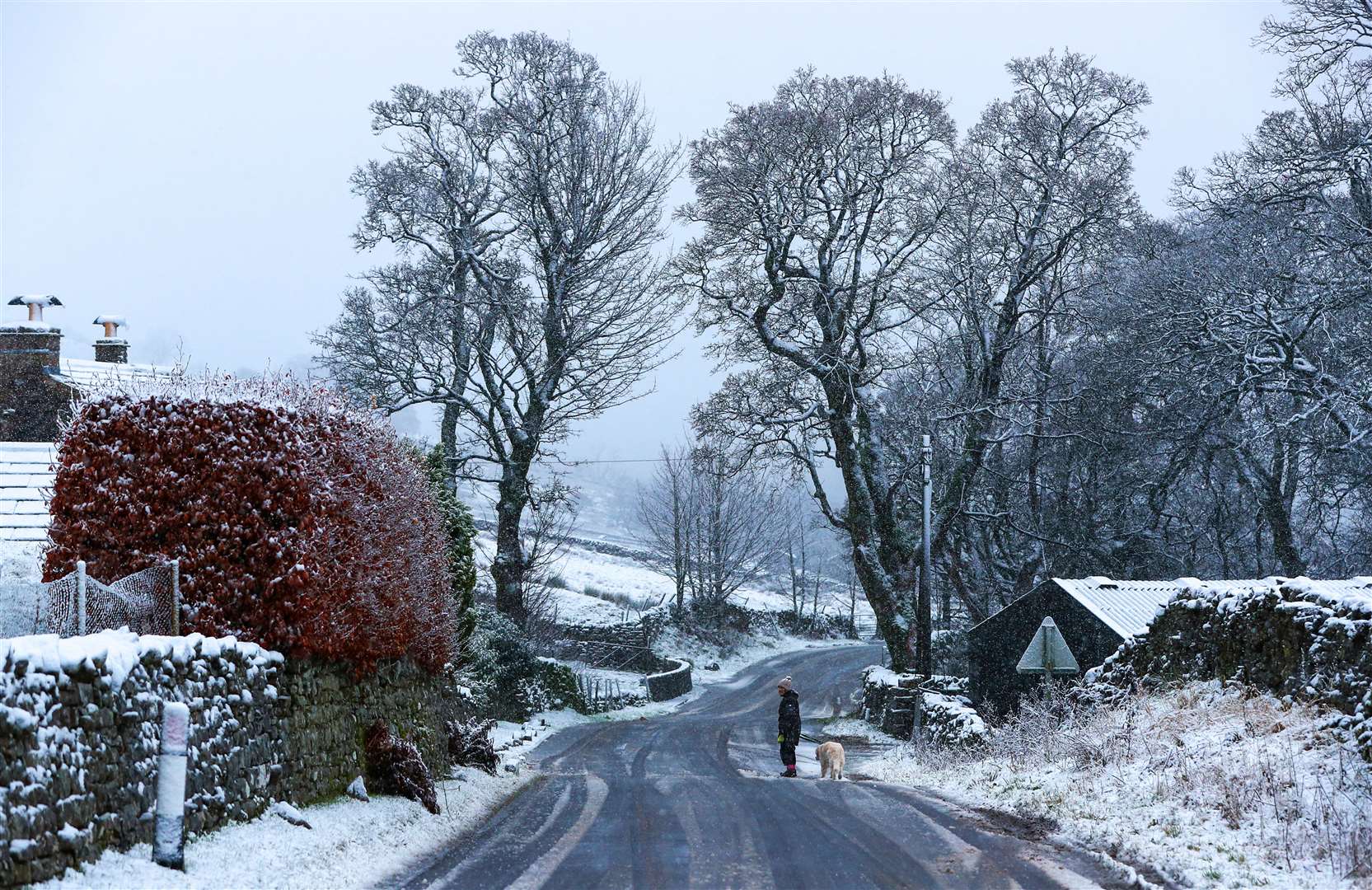 A dog and its owner were the only ones braving the elements as they stepped out for a walk in North Yorkshire (Peter Byrne/PA)