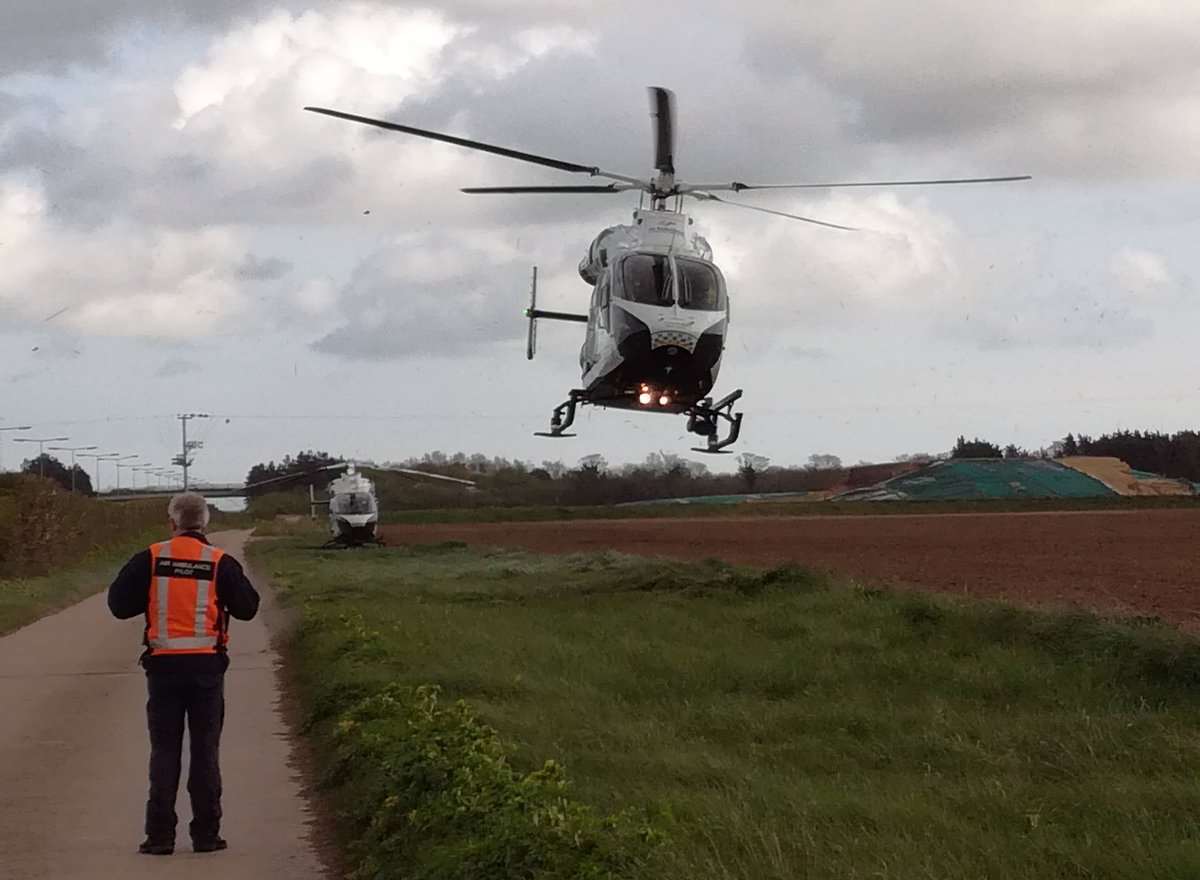 Two air ambulances are at the scene of a serious crash on the Thanet Way. Picture: Timothy Wooding