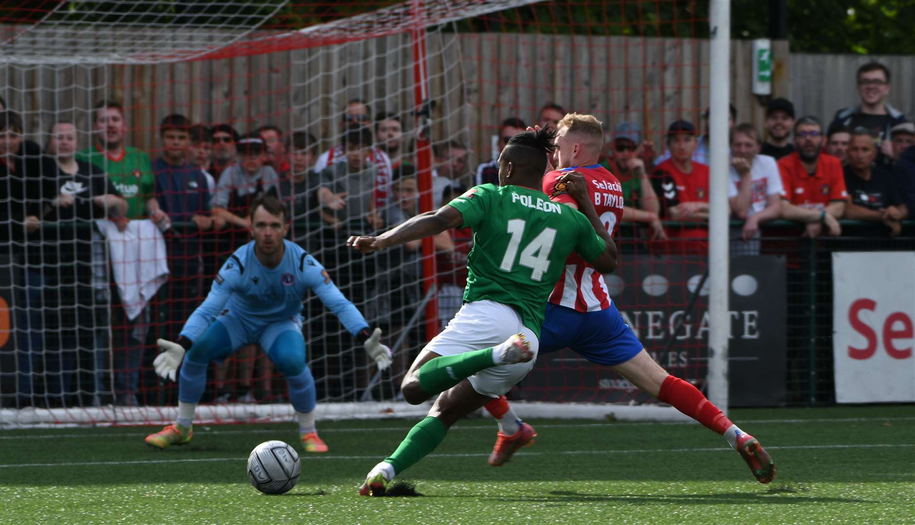 Fleet's Dominic Poleon hits the post in the build-up to their second goal. Picture: Barry Goodwin