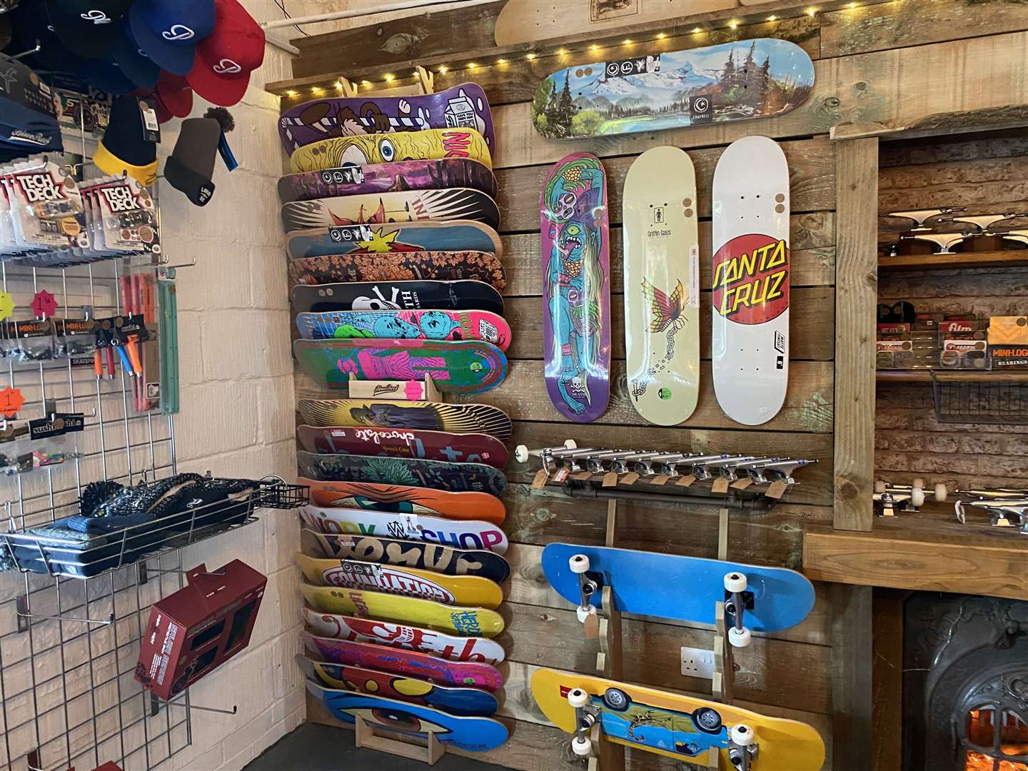 The range of skateboards on display at the shop, available to try and buy