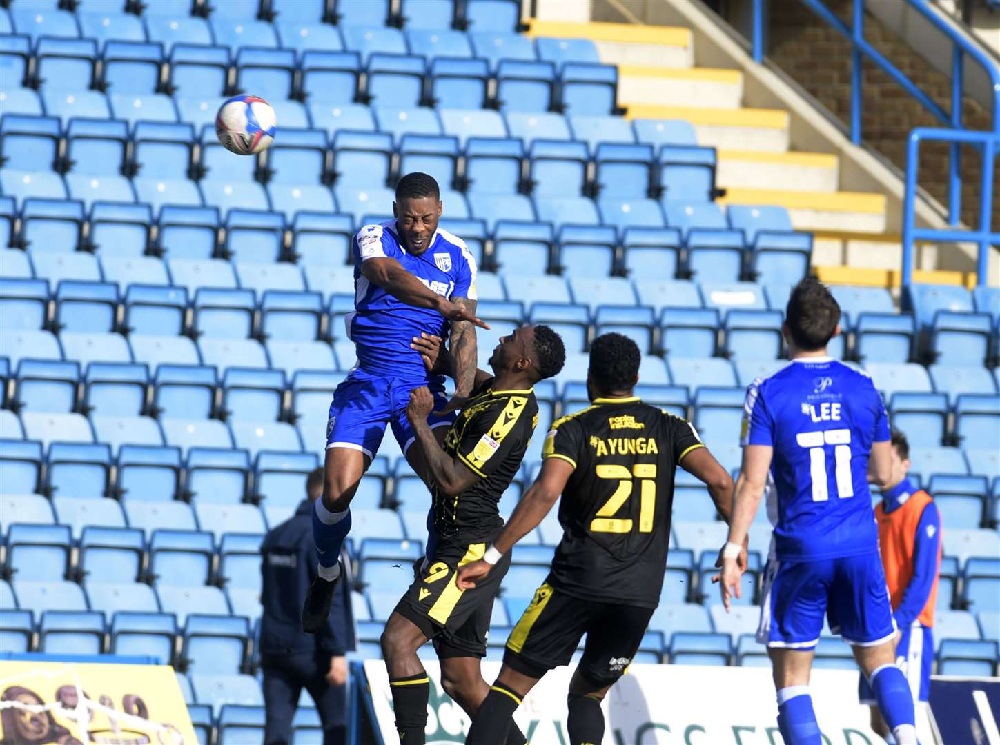 Gillingham defender Ryan Jackson wins the ball in the air Picture: Barry Goodwin