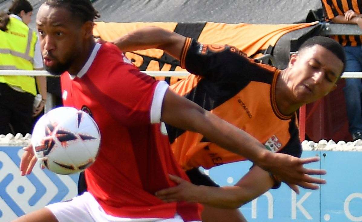 Ebbsfleet striker Kwame Thomas up against ex-Fleet defender Myles Kenlock during their weekend 2-1 National League home loss to Barnet. Picture: Ed Miller/EUFC