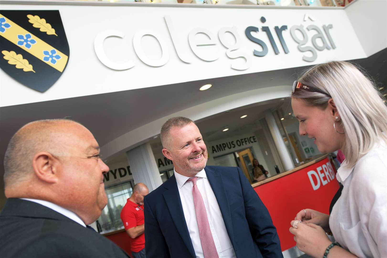 Education minister Jeremy Miles at Coleg Sir Gar in Llanelli, South Wales on A-level results day (Terry Morris/Welsh Government/PA)