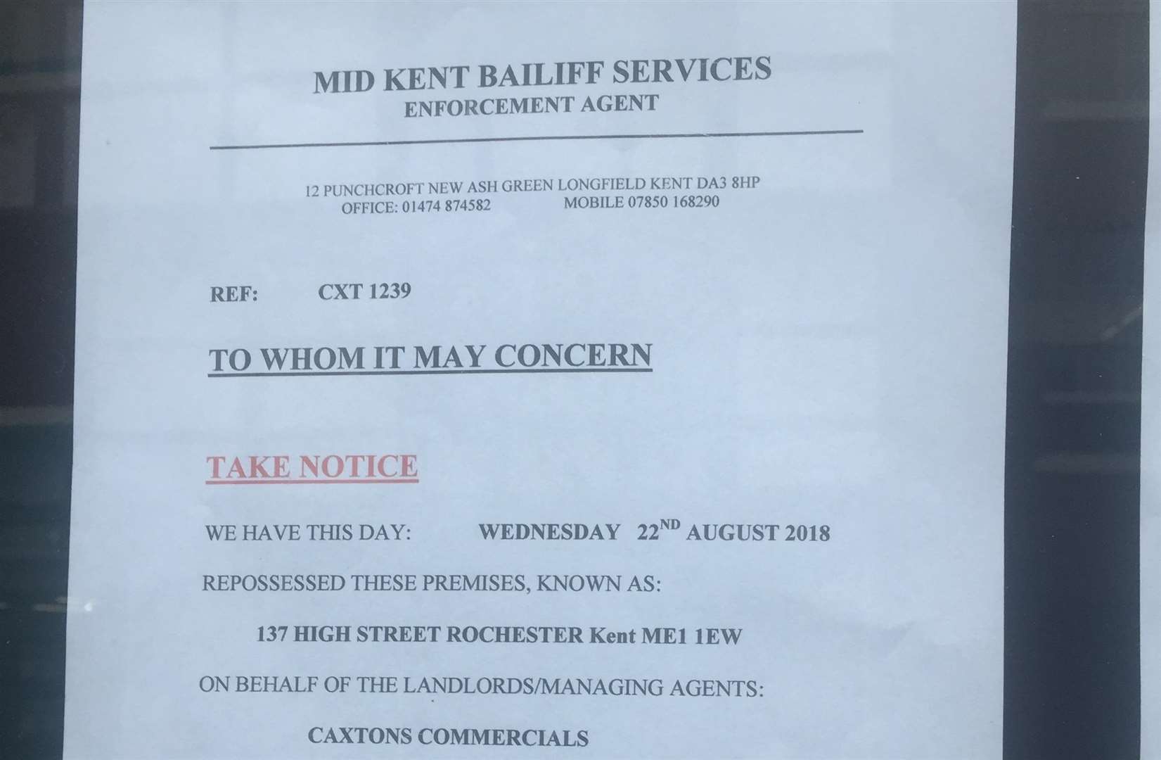 Bailiffs notice outside Rochester funeral directors (3832856)