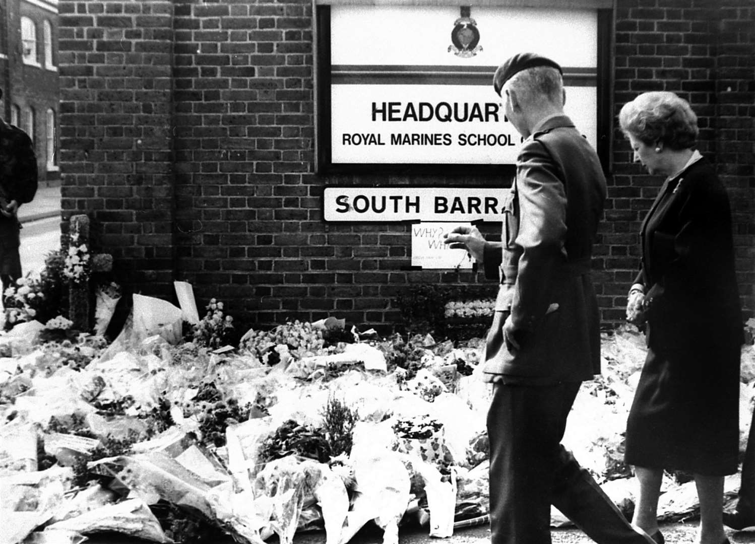 Commandant General of the Royal Marines Sir Martin Garrod shows Prime Minister Margaret Thatcher around the barracks in the days after the IRA's bomb